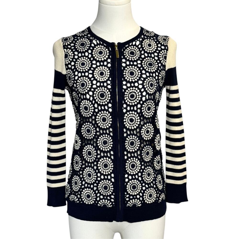 Tory Burch Elaine Cardigan NWT Small Navy Crochet Stripe Zip Sweater Size S - Picture 3 of 10